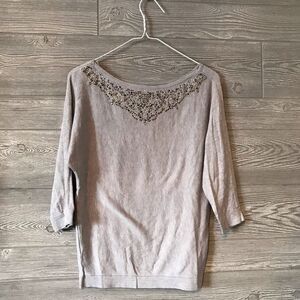 White house black market WHBM Grey Beaded Collar Boatneck Sweater XS‎